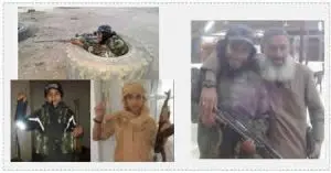 Upper left: Abdelhamid Abaaoud in battle dress. Lower left: Younes Abaaoud, Abdelhamid's 13 year-old brother, photographed in Syria. Right: Abdelhamid Abaaoud and another ISIS operative (Al-Arabiya, November 16, 2015).