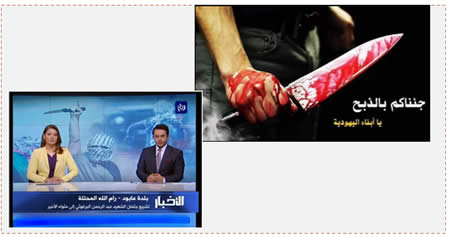 Left: Program on a local Ramallah TV station, with a background screen encouraging stabbing attacks (Website of Roya TV, December 5, 2015). Right: Notice promoting stabbing attacks. The Arabic reads, "We have come to stab [you], sons of the Jews" (Website of Ghaza al-A'an, December 5, 2015).